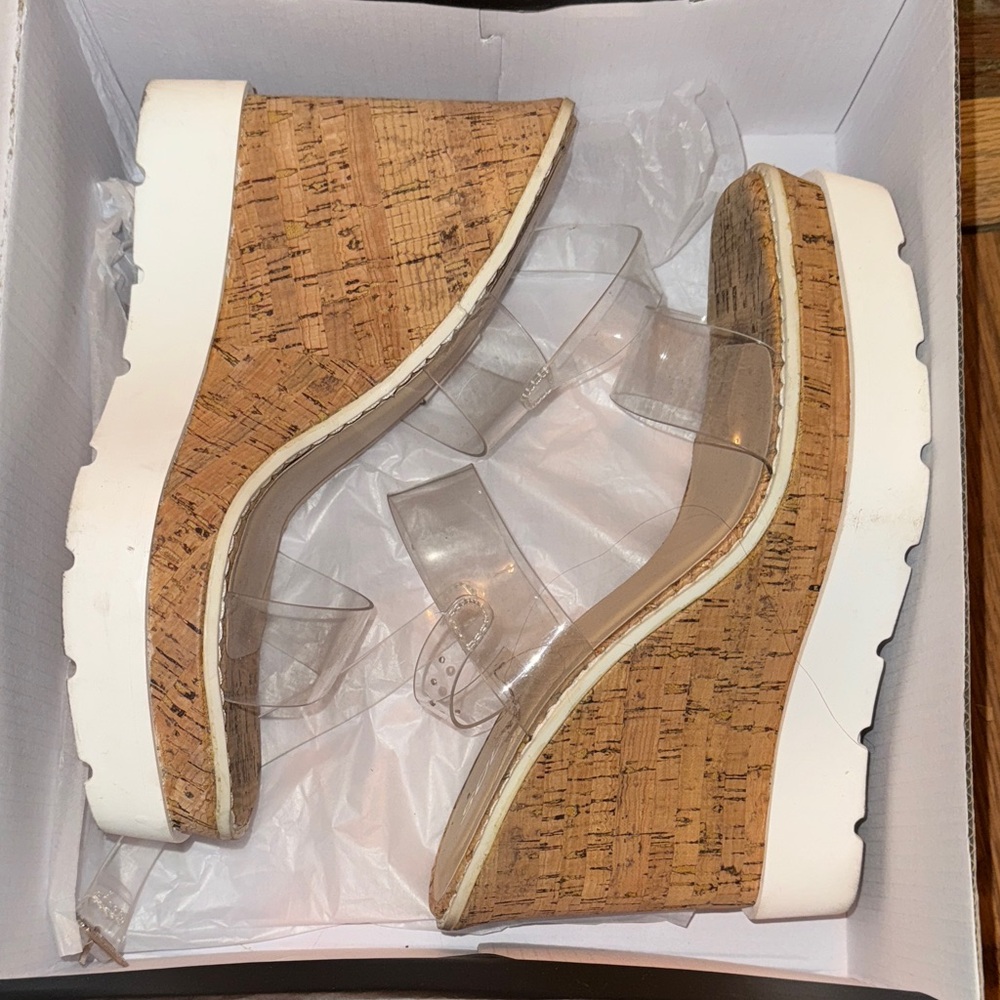 Soda Cork Wedge Sandals with Transparent Straps
